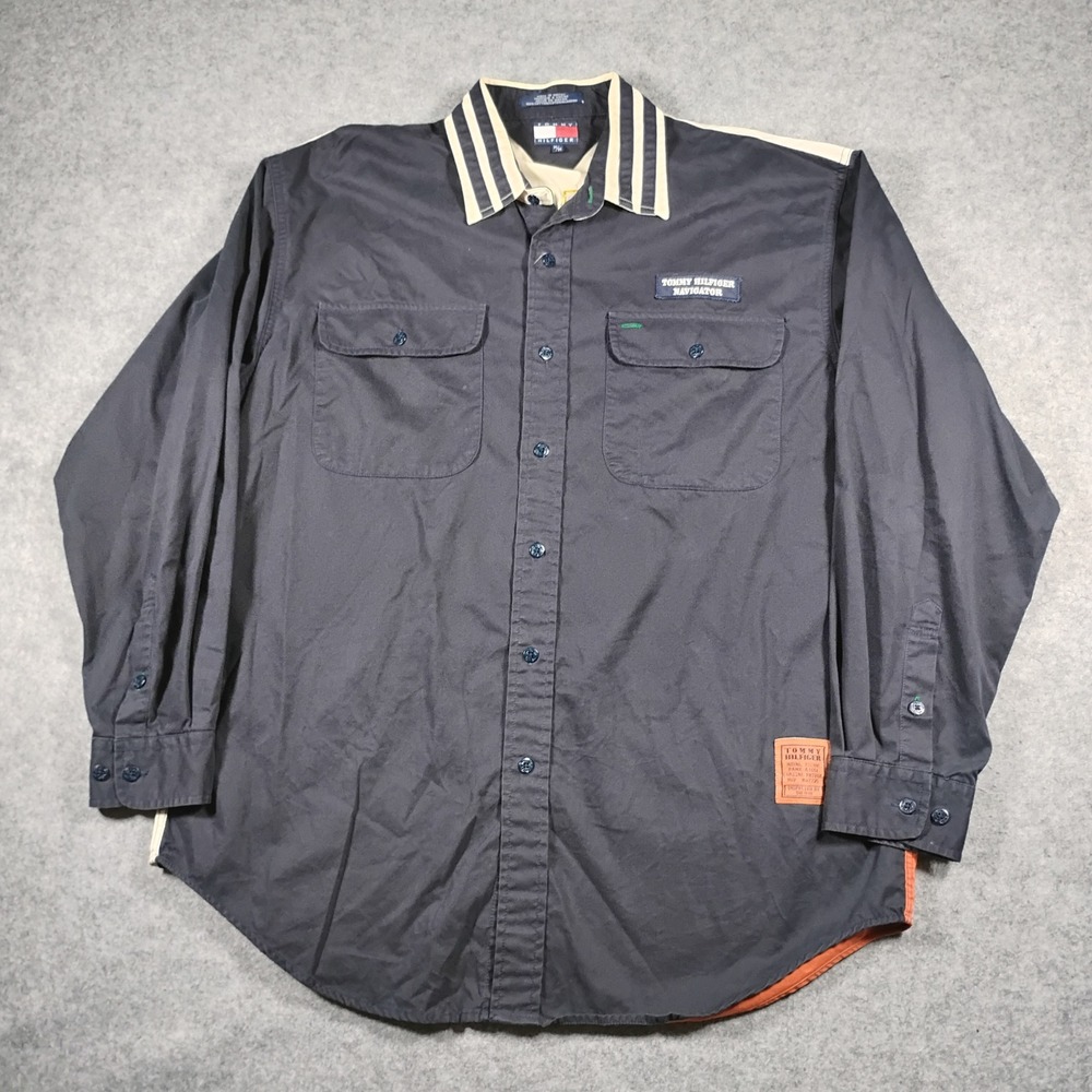 Tommy Hilfiger Vintage Coastal Navigator Button Up Shirt Mens M Black Multicolor